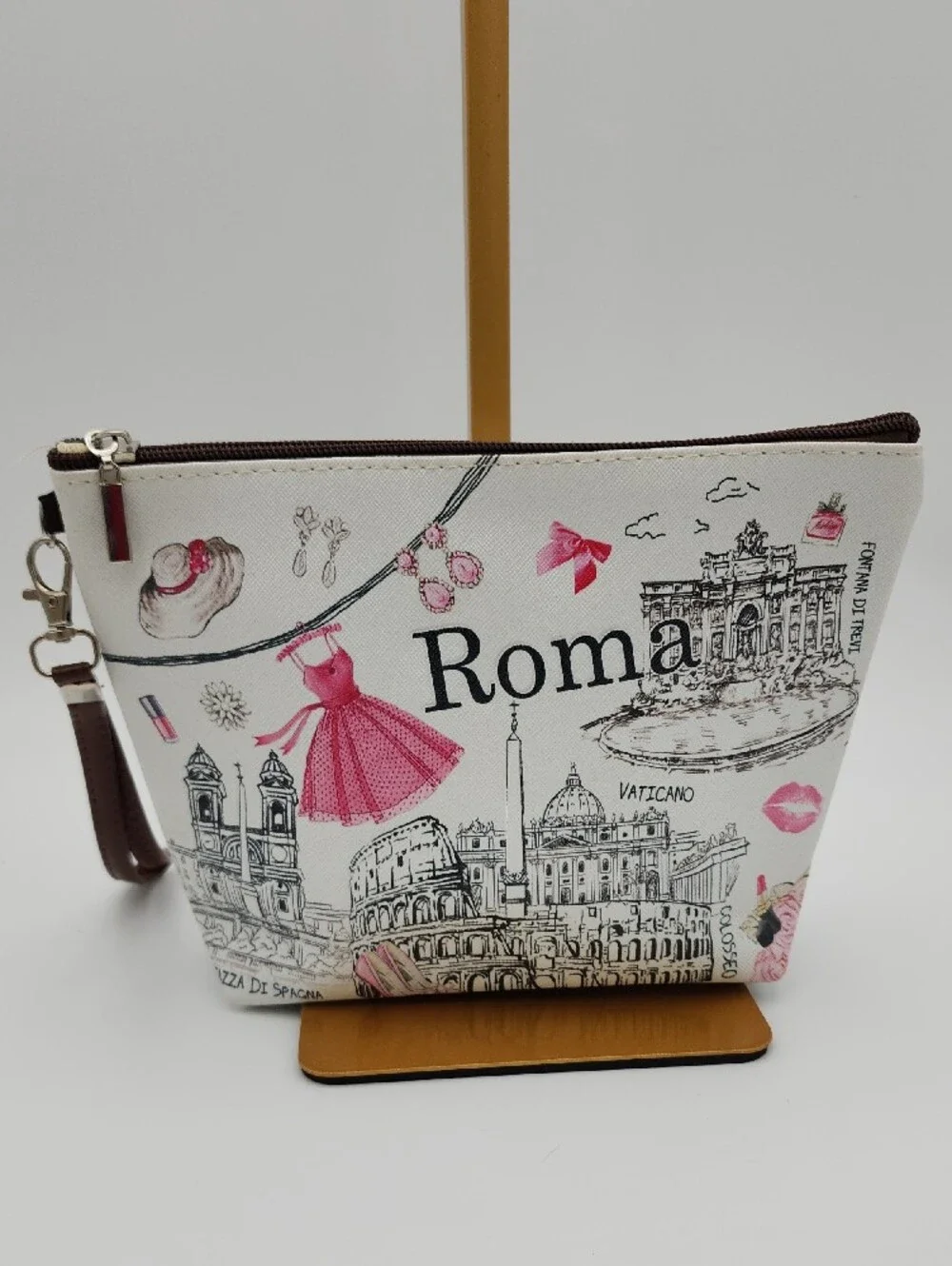 Roma Illustrated White & Pink Wristlet Pouch